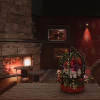 Burgundy Noir Bar ft. raised seating & fireplace